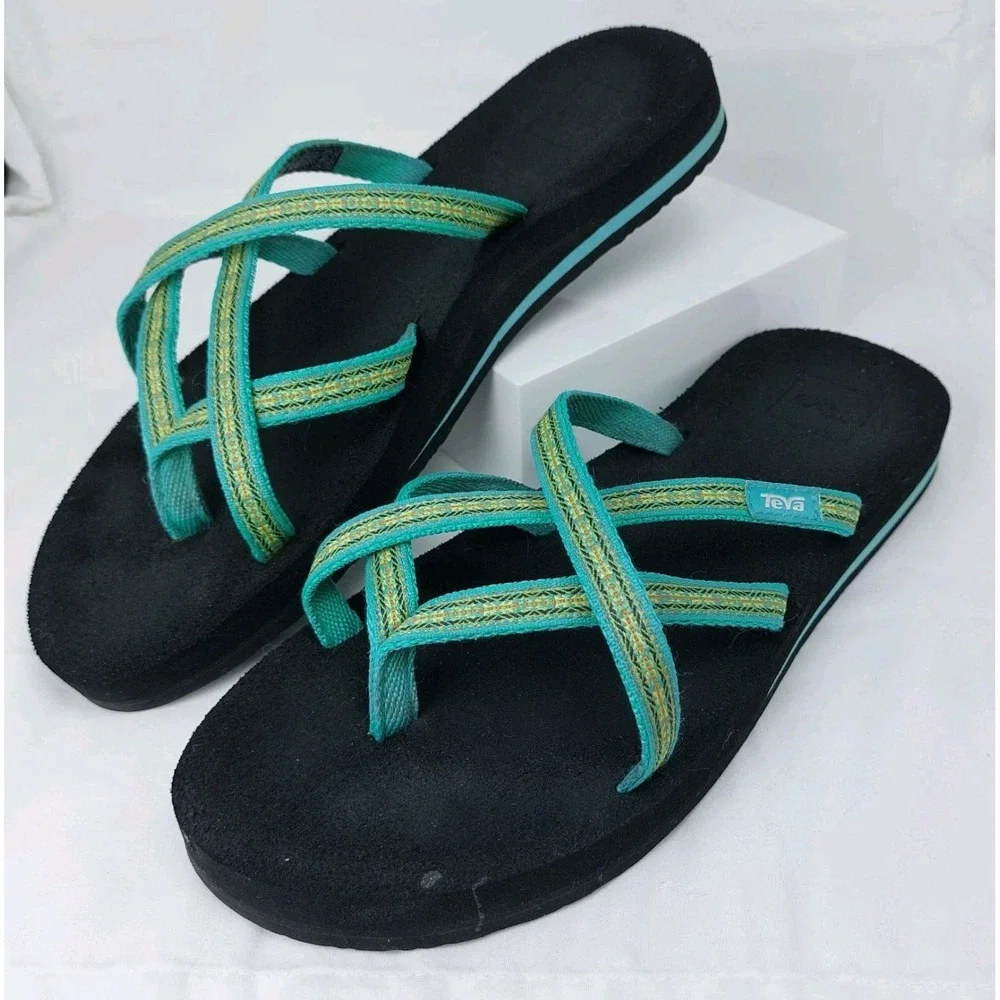 Teva Olowahu Flip Flop Slides Womens Size 9 Teal Blue Slip On Sandals #6840 Read